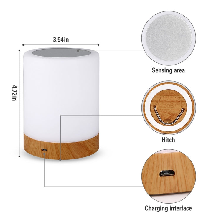 Wood-grain charging night light with touch top and sensing area details