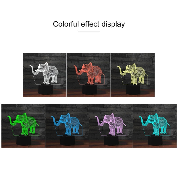 Elephant-shaped 3D LED table lamp showing multiple colorful light effects