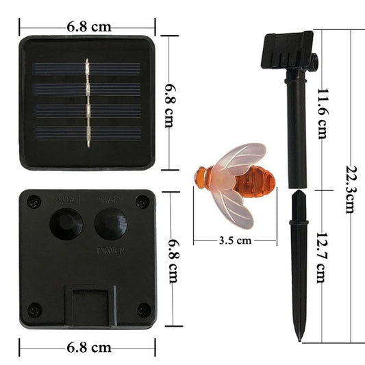 Solar bee string light components with measured solar panel and ground stake
