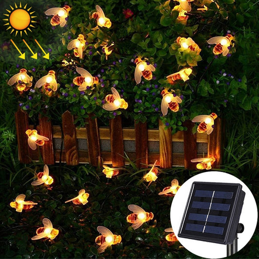 Warm white solar bee string lights with glowing bee-shaped bulbs on wire