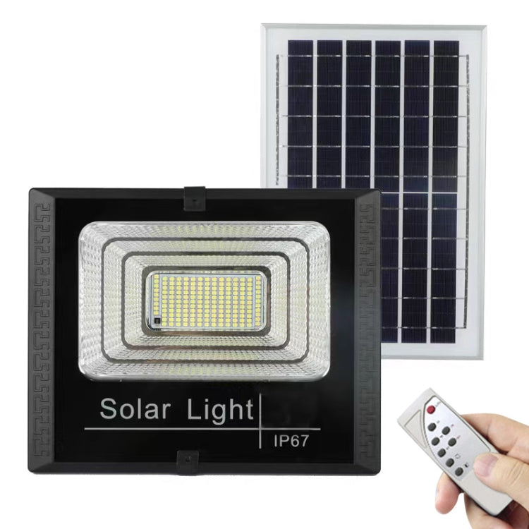 Solar LED flood light with solar panel, black housing, and handheld remote control