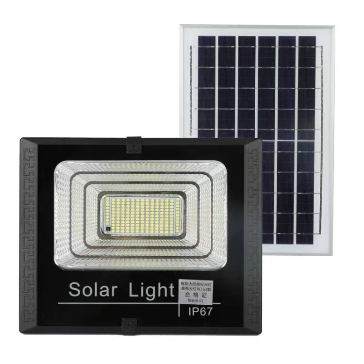 Solar LED flood light with solar panel, black housing and rectangular LED light module