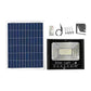 Solar LED flood light kit with solar panel, LED light, remote, cables, and mounting parts