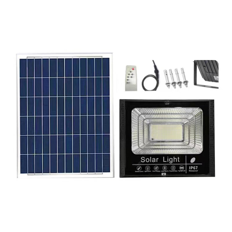 Solar LED flood light kit with solar panel, LED light, remote, cables, and mounting parts
