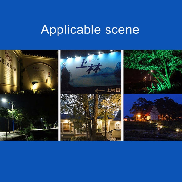 Solar LED flood lights illuminating outdoor areas like trees, paths, and buildings at night