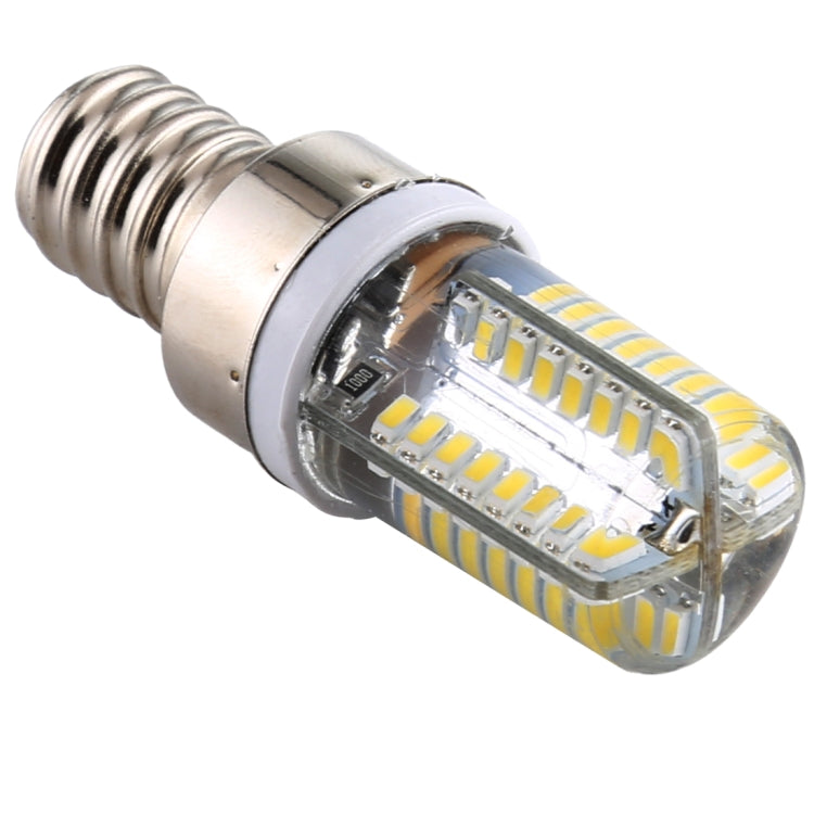Dimmable LED corn bulb angled view, transparent LED lens and silver E12 screw base