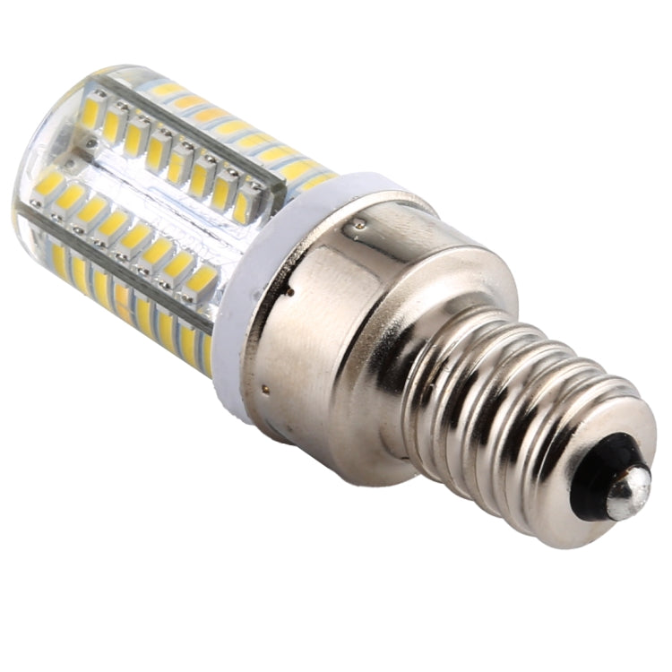 Dimmable LED corn bulb side view with silver E12 screw base and transparent LED lens