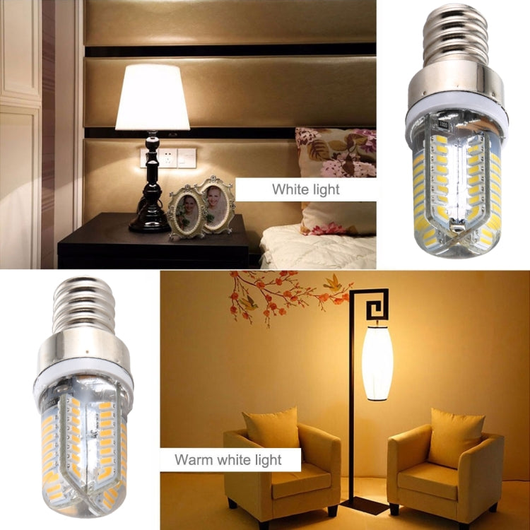 Dimmable LED corn bulb shown in lamp, silver E12 screw base with bright white LED light