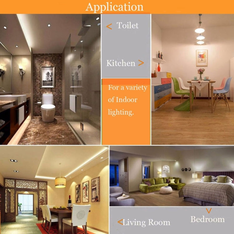 Dimmable LED corn bulb for indoor lighting, shown in kitchen, living room, and bedroom