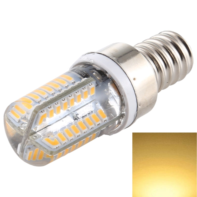 Dimmable LED corn bulb close-up with transparent lens and silver E12 base, warm light glow