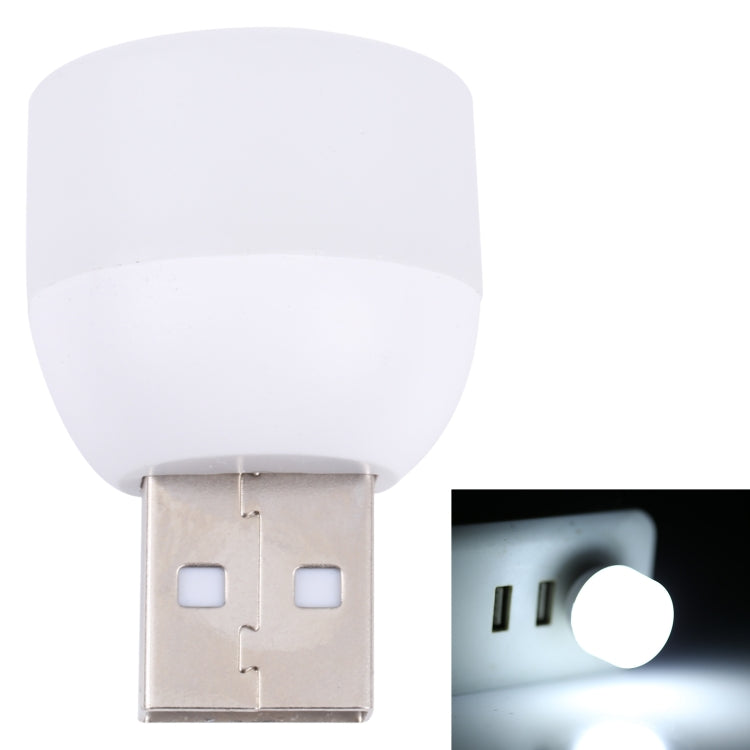 Mini USB night light with white lamp head and silver USB plug, unlit.