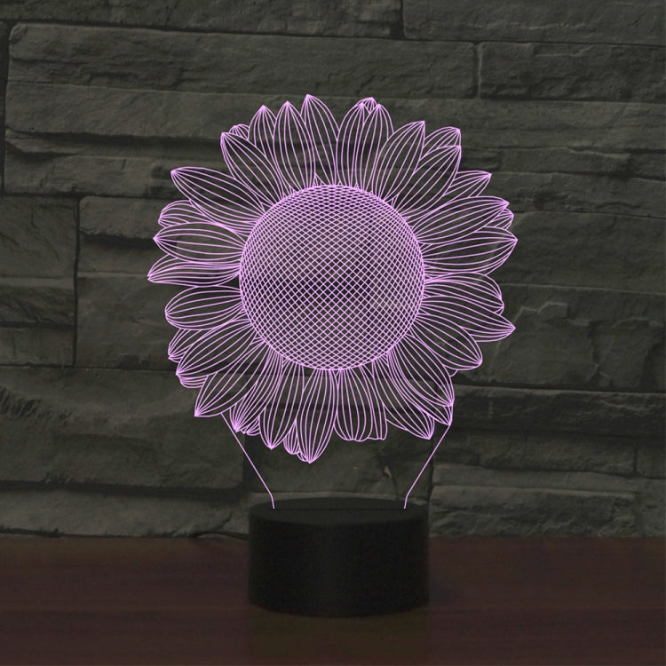 Sunflower 3D LED night light with purple glow and black base on tabletop