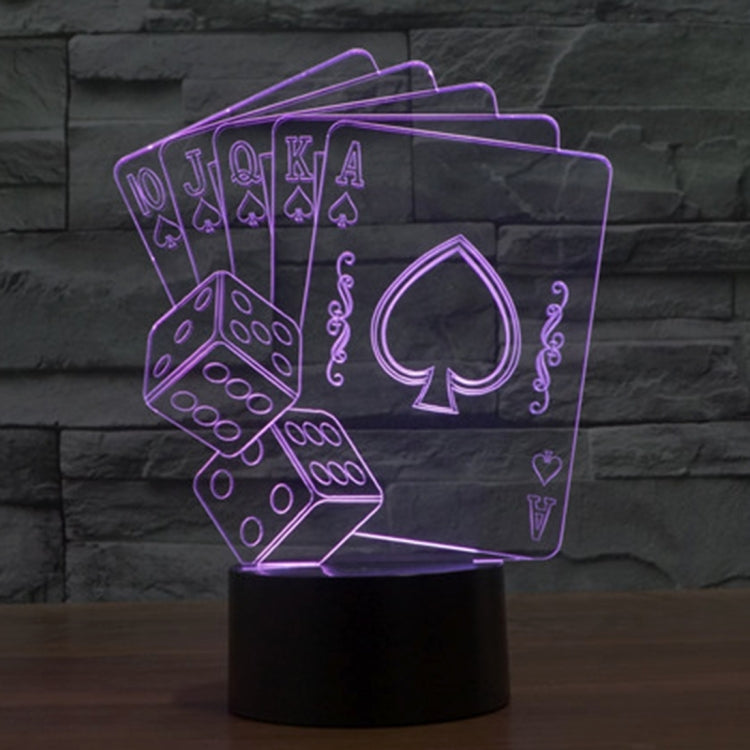 Poker-style neon desk lamp with glowing purple playing card outlines on black base
