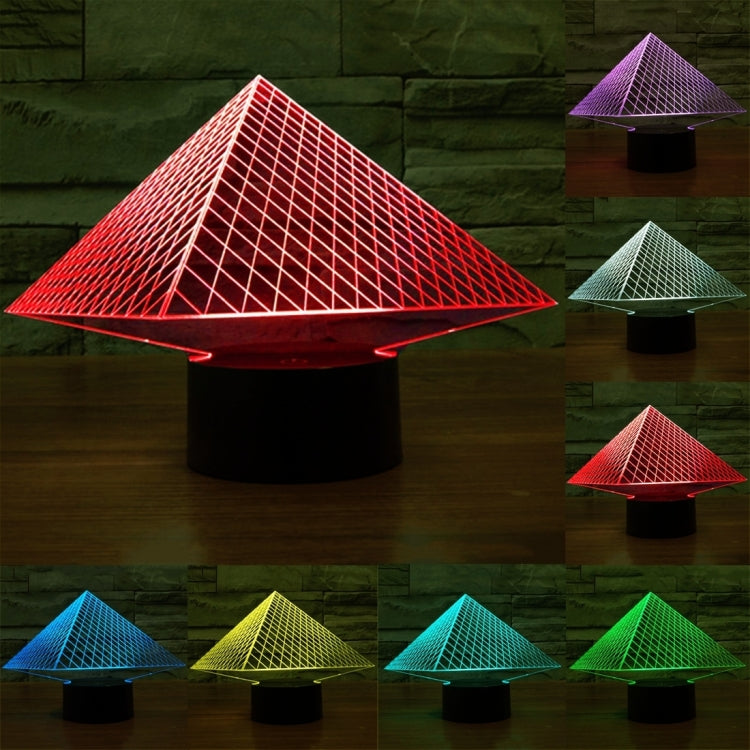 Pyramid LED desk lamp with glowing red triangular grid over black base