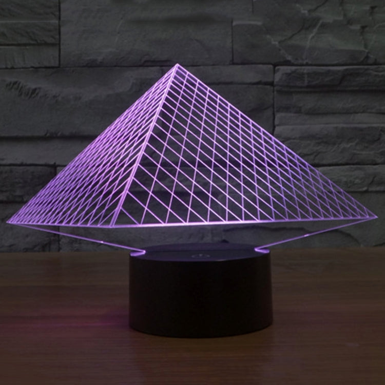 Pyramid wireframe desk lamp with purple glow, triangular shade on black base