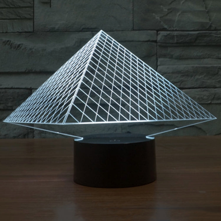 Pyramid wireframe desk lamp with cool white glow, triangular shade on black base
