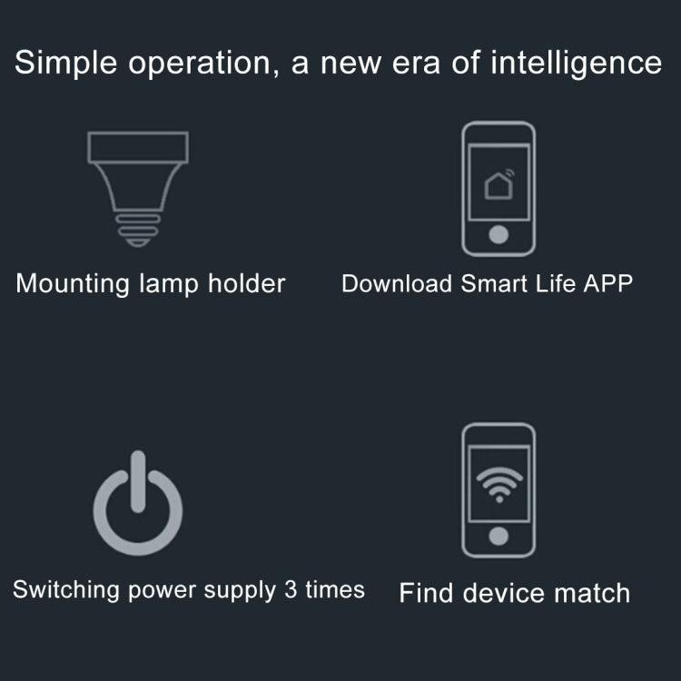 White E27 smart lamp socket adapter with icons for app control and Wi-Fi