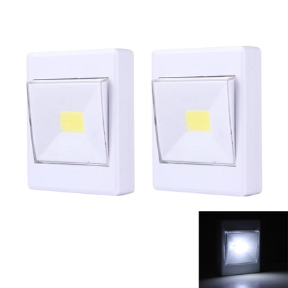 Square white LED night light with wall switch, front panel and glowing yellow indicator