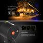 Black mini outdoor laser lamp close-up with orange power button on housing