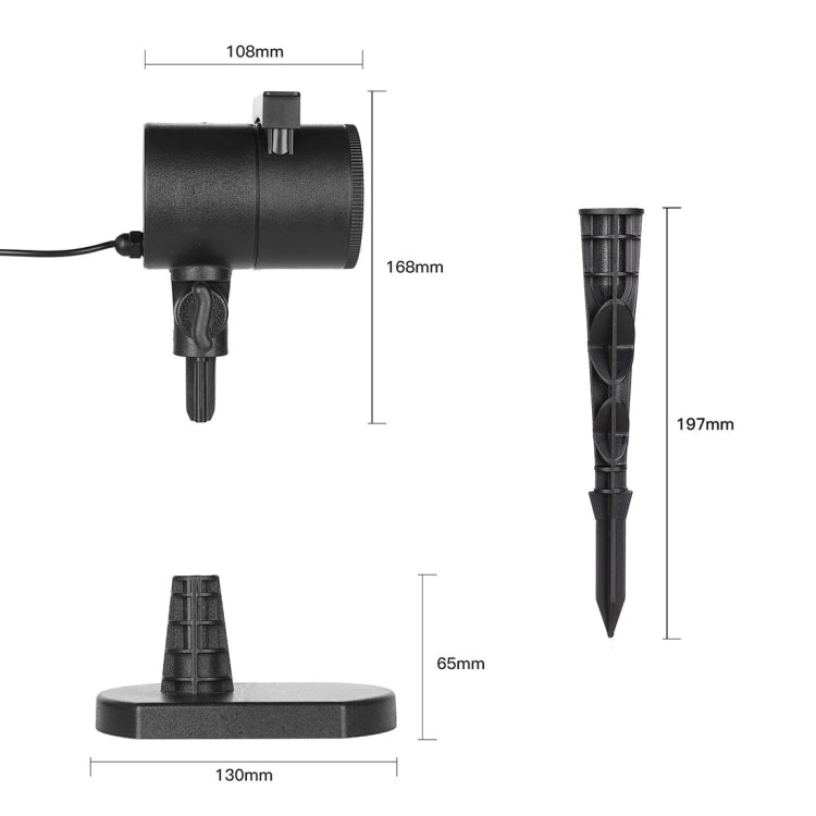 Black outdoor lawn pattern projector lamp with ground stake and round base, size diagram