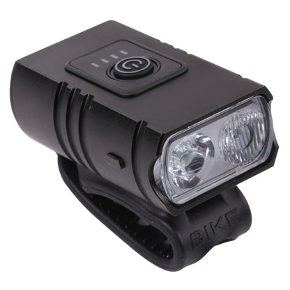 Black rechargeable bicycle headlight with dual LED lens and top power button