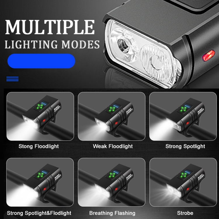 Black bicycle headlight with bright front dual LEDs showing multiple light modes