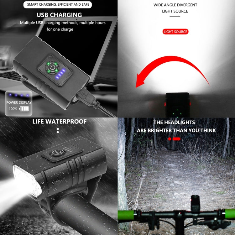 Black bicycle headlight with green indicator LEDs and USB charging connection