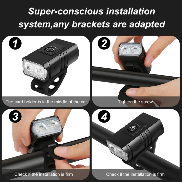 Black bicycle headlight mounted on handlebar bracket with tightening screw