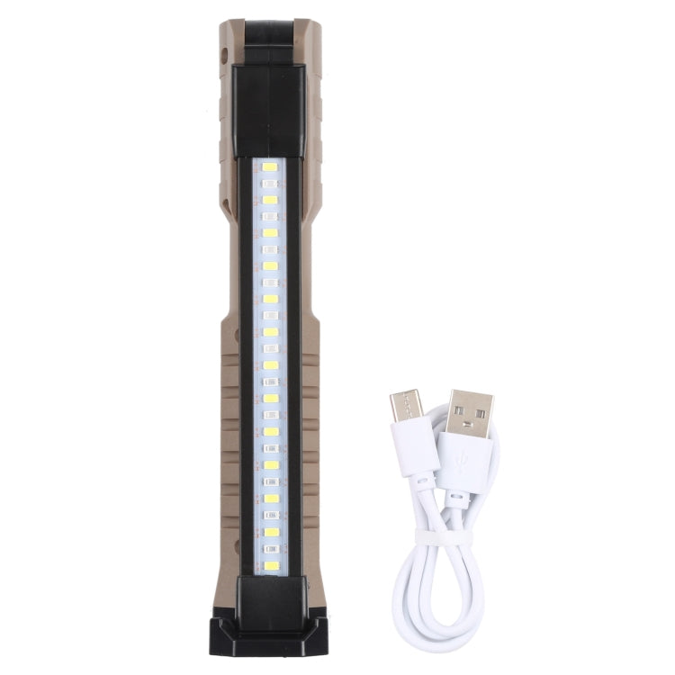 Beige folding LED work light with black base and detachable USB charging cable