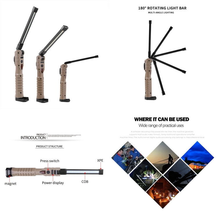 Beige folding LED work light shown in multiple folded and extended positions