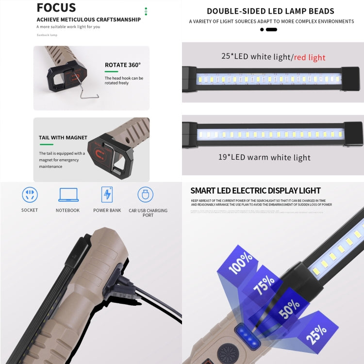 Beige and black LED work light with rotating head and dual-sided light bar