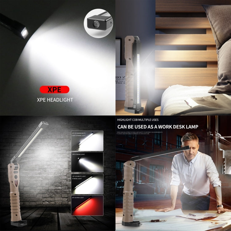 Beige folding LED work light with rotating head, used as a desk lamp