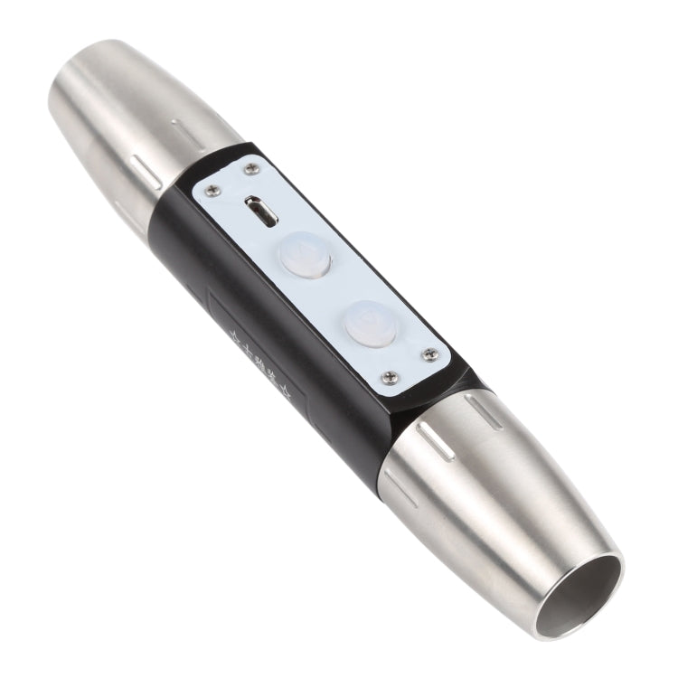 Dual-head USB rechargeable flashlight, black grip with silver ends and button panel