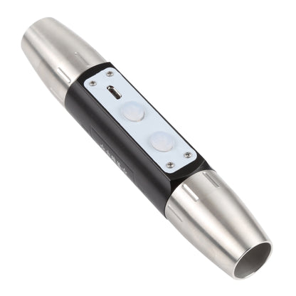 Dual-head USB rechargeable flashlight, black grip with silver ends and button panel