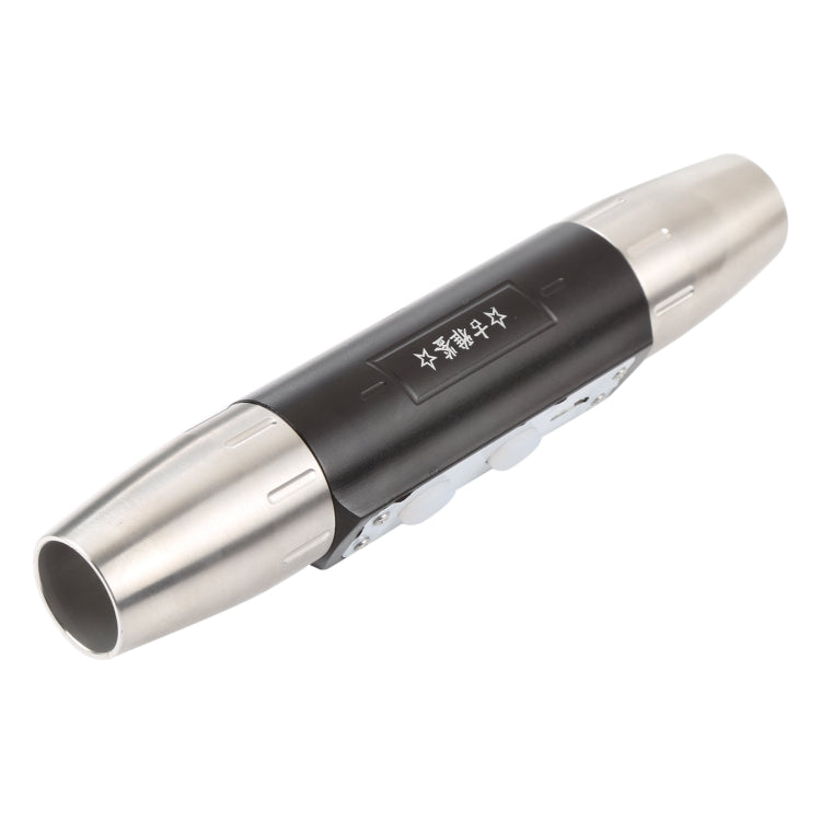 Dual-head USB rechargeable flashlight, side view showing panel and lens openings
