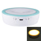 White and teal circular emergency cabinet light with buttons and charging port, glowing LED ring