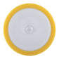 Round LED cabinet emergency light with white body, yellow ring, and front motion sensor