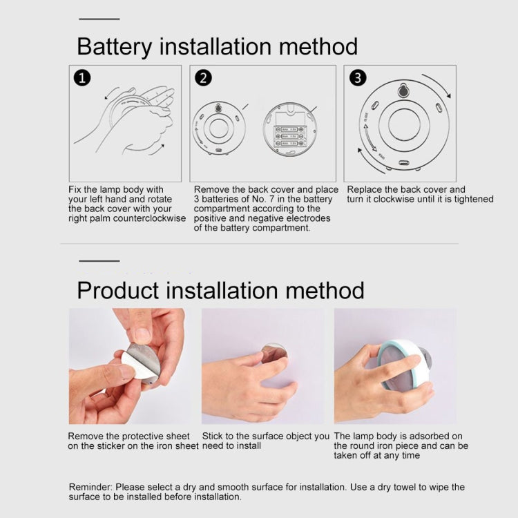 Installation guide for round LED cabinet emergency light, battery and mounting steps