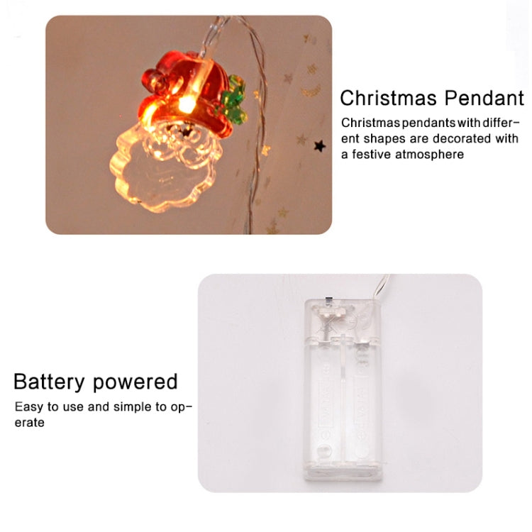 LED light string with hanging clear battery pack and warm glowing pendant ornaments