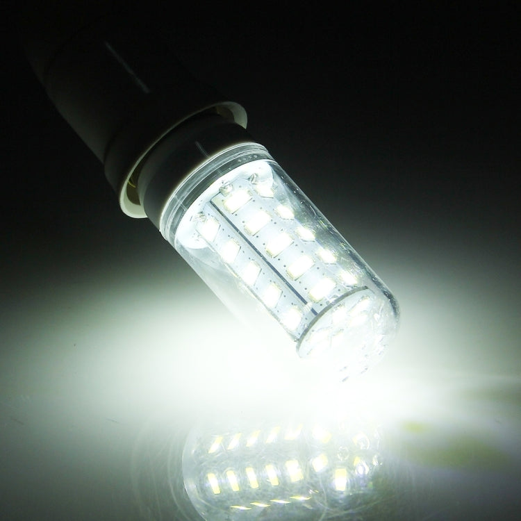 Glowing LED corn bulb with clear housing and visible LED array emitting bright light