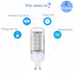 LED corn bulb on white background with visible LED chips and white two-prong base