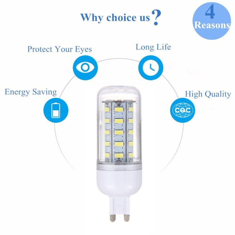 LED corn bulb on white background with visible LED chips and white two-prong base
