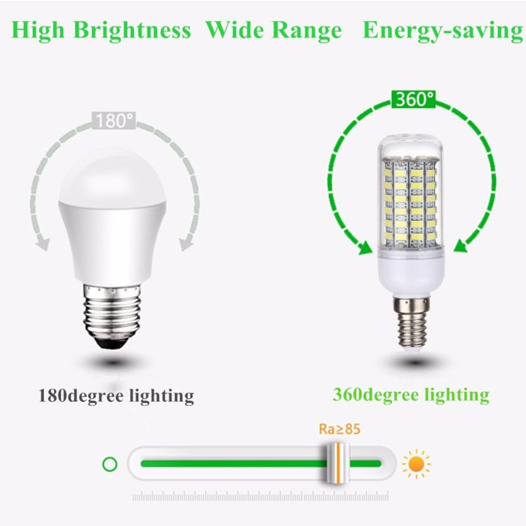 LED corn light bulb with E14 screw base and clear cover, angled light diagram background