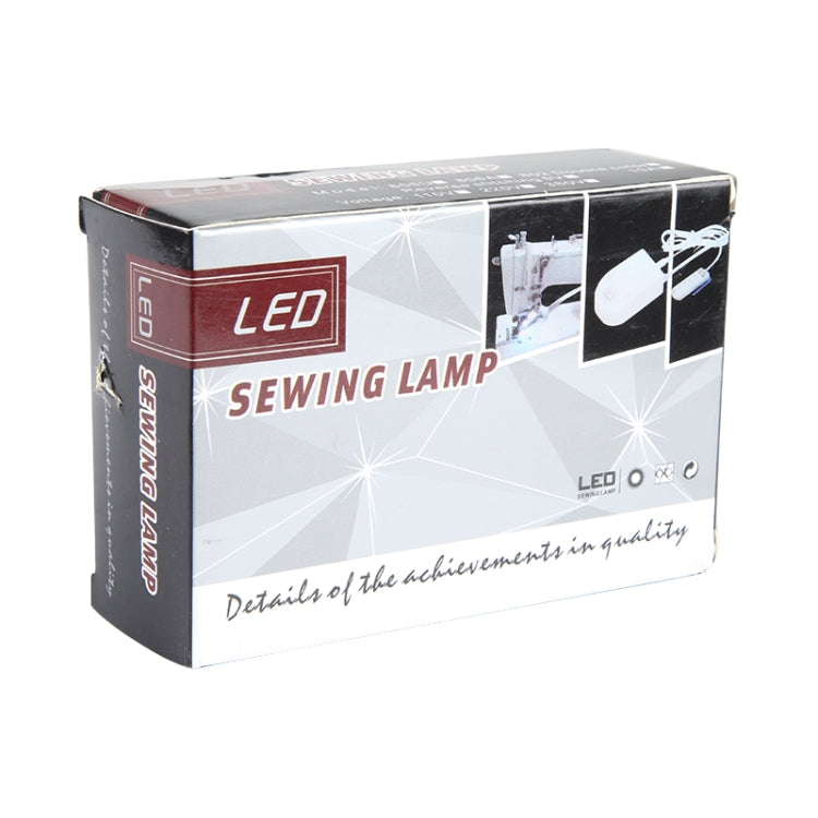 Sewing lamp product box with LED sewing lamp label and accessories shown