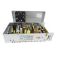 Open LED power supply with fan, coils, and circuit boards in white metal housing
