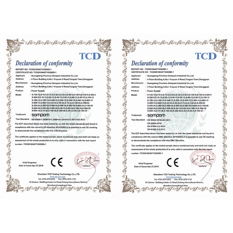 Two TCD declaration of conformity certificates with CE and RoHS markings
