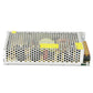 LED power supply top view with vent holes and yellow warning labels