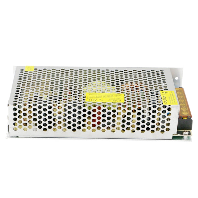 LED power supply top view with vent holes and yellow warning labels