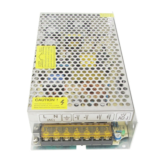 LED strip power supply front with AC input and DC output terminal blocks