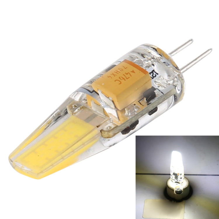 Clear G4 COB LED corn bulb with two metal pins, warm yellow LED strip